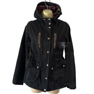 TOPSHOP Hooded Black Jacket US Size 2 With Drawstring to Define Waist Mid weight